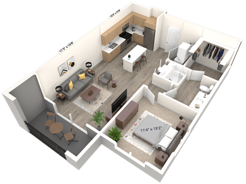 Floor plan for 1 bed, 1 bath, 783 sqft